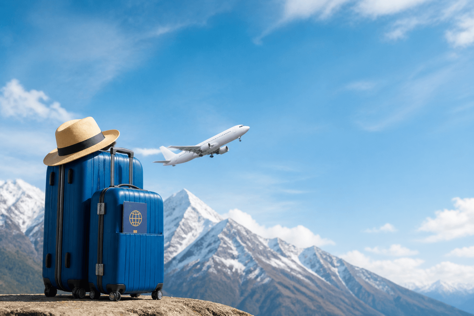 Blue travel suitcases, a sun hat and passport with an airplane over snow-capped mountains