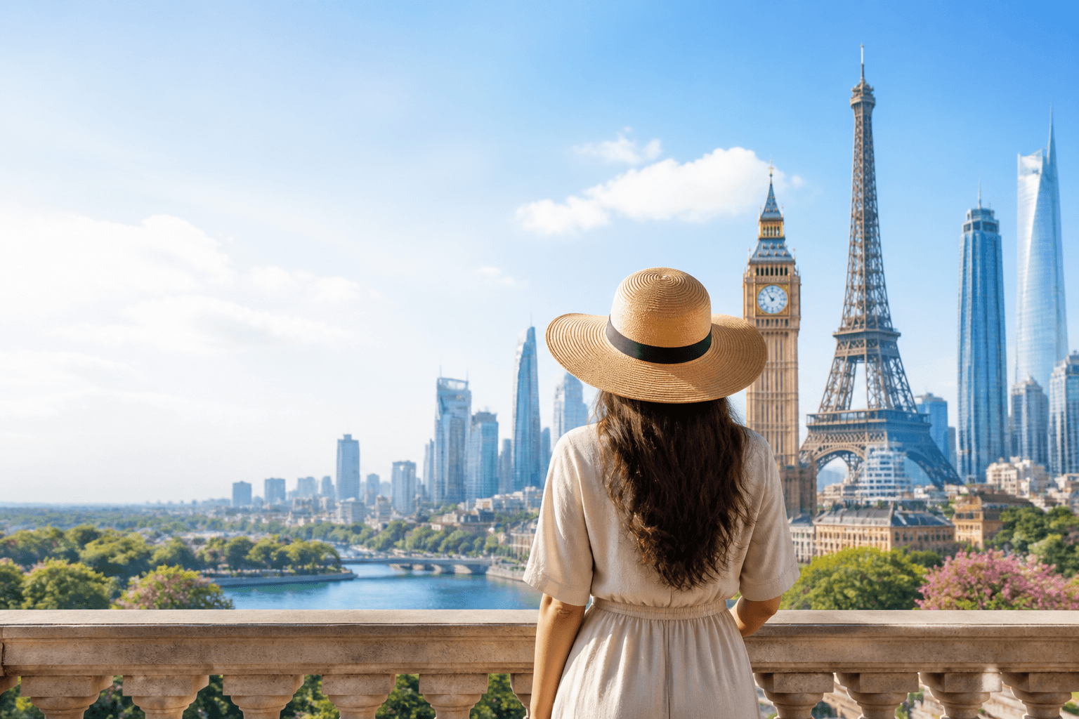 Traveler looking out at a global skyline of world landmarks